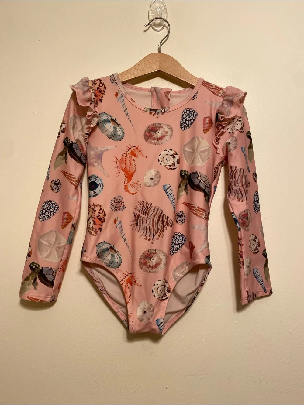 Pink Chicken Pink Seashell & Marine Print Long-Sleeve One-Piece Swimsuit. Size 7